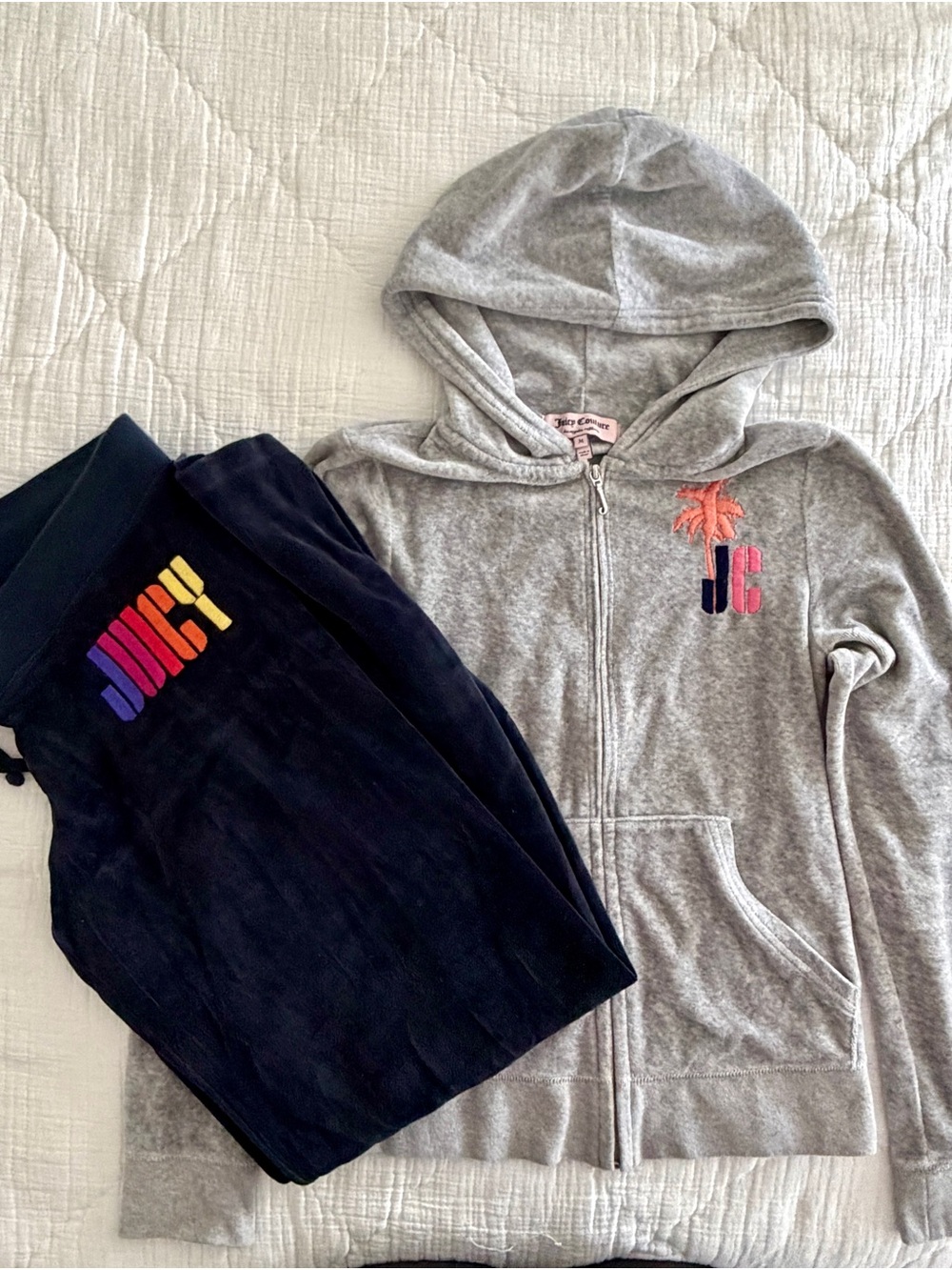 Juicy Couture Gray Hoodie & Navy Velour Pants with Rainbow Logo